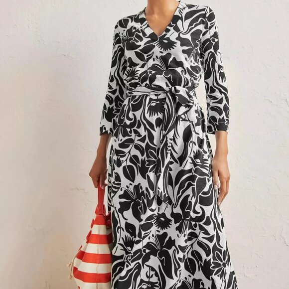 BODEN | JERSEY KAFTAN MIDI DRESS IN BLACK ORIENTAL BIRD 14R - Picture 5 of 5